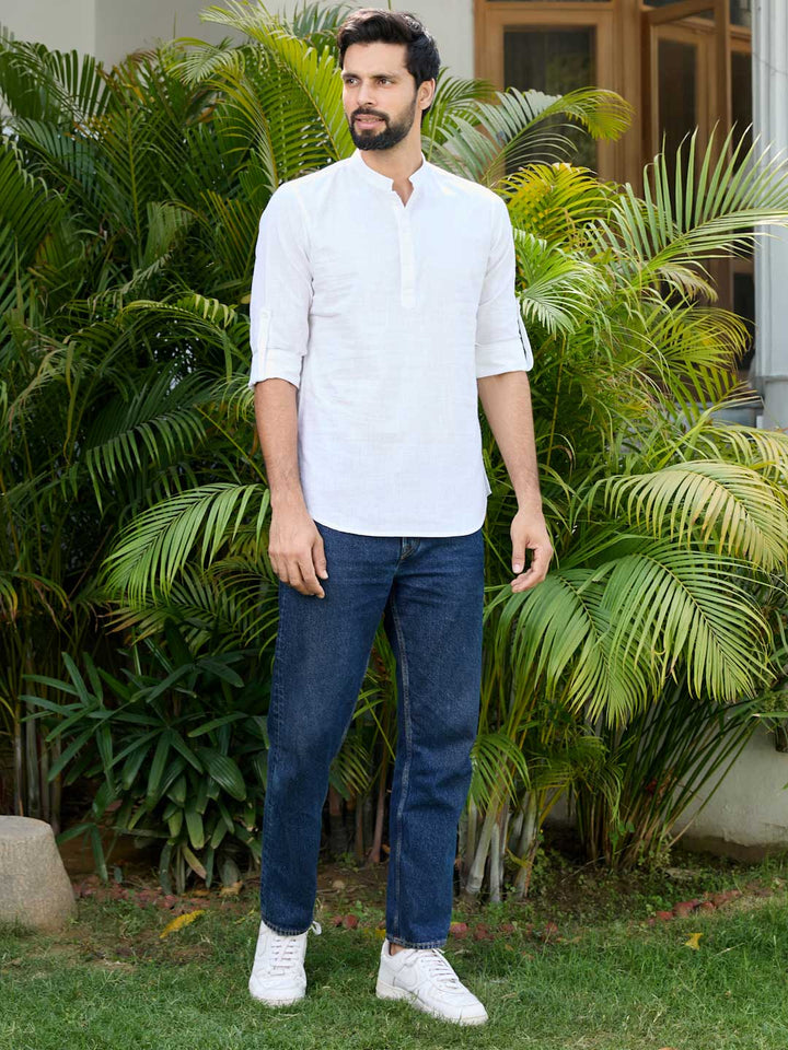 Men White Pure Cotton Slub Short Kurta