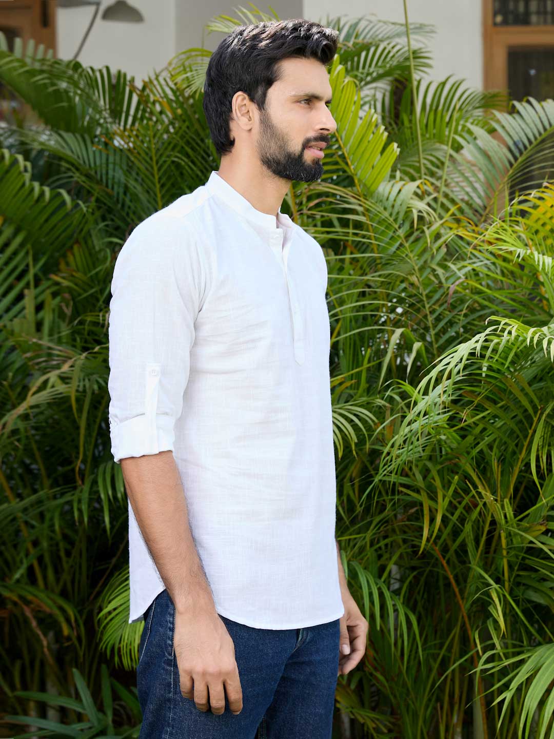Men White Pure Cotton Slub Short Kurta