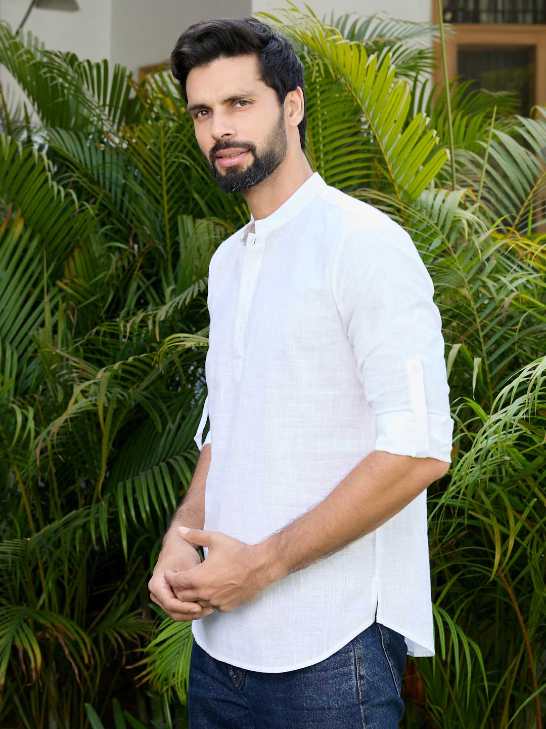 Men White Pure Cotton Slub Short Kurta
