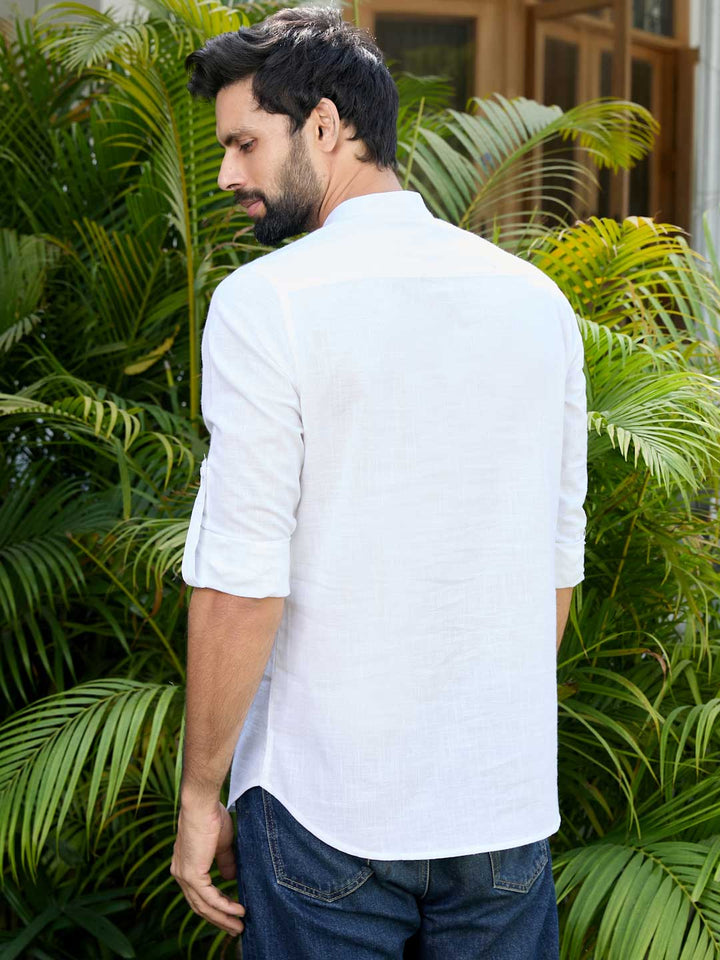 Men White Pure Cotton Slub Short Kurta