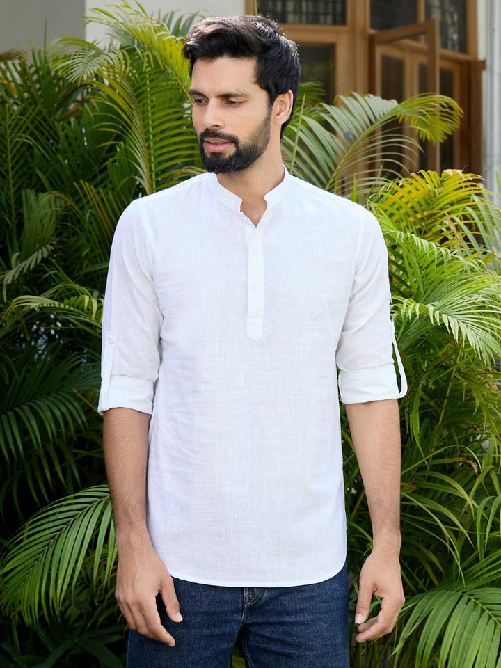 Men White Pure Cotton Slub Short Kurta