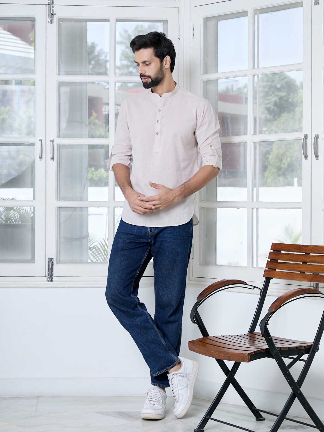 Men Beige Pure Cotton Short Kurta