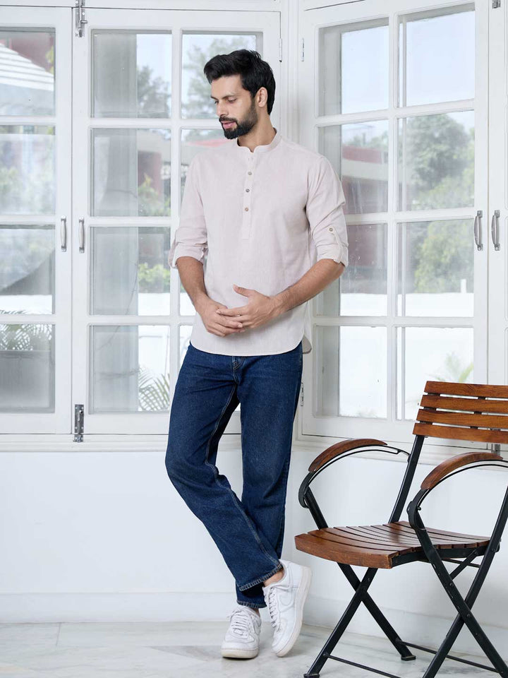 Men Beige Pure Cotton Short Kurta