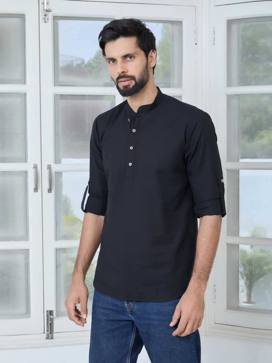 Black Pure Cotton Slub Short Kurta