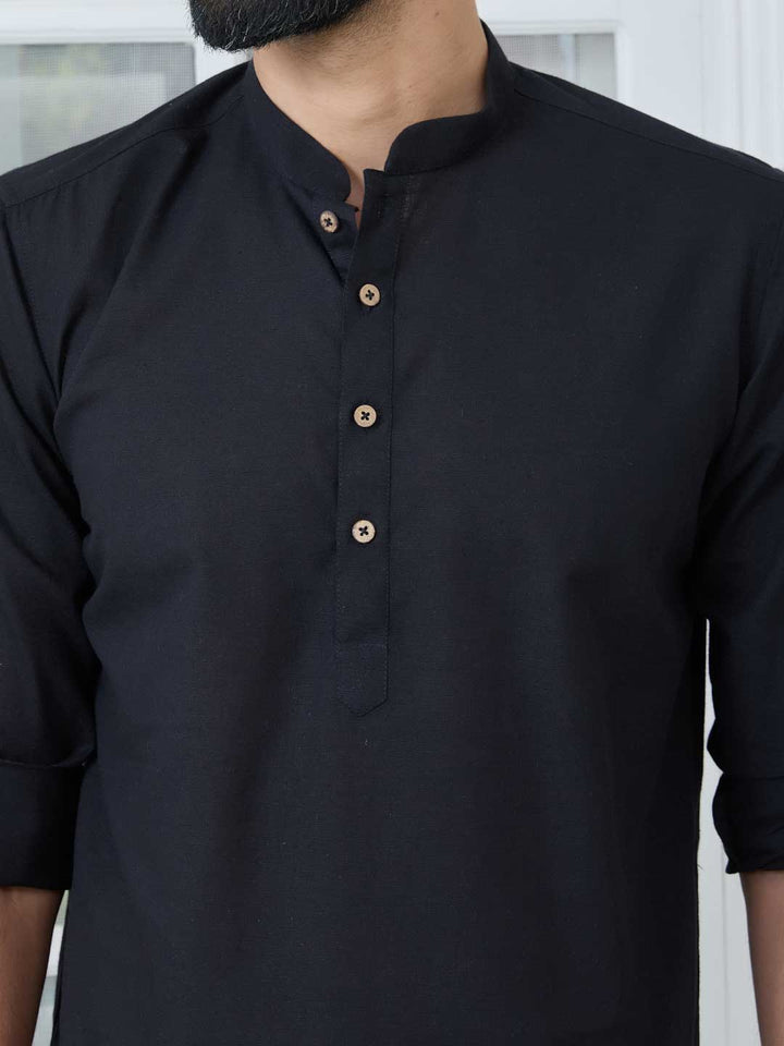 Black Pure Cotton Slub Short Kurta