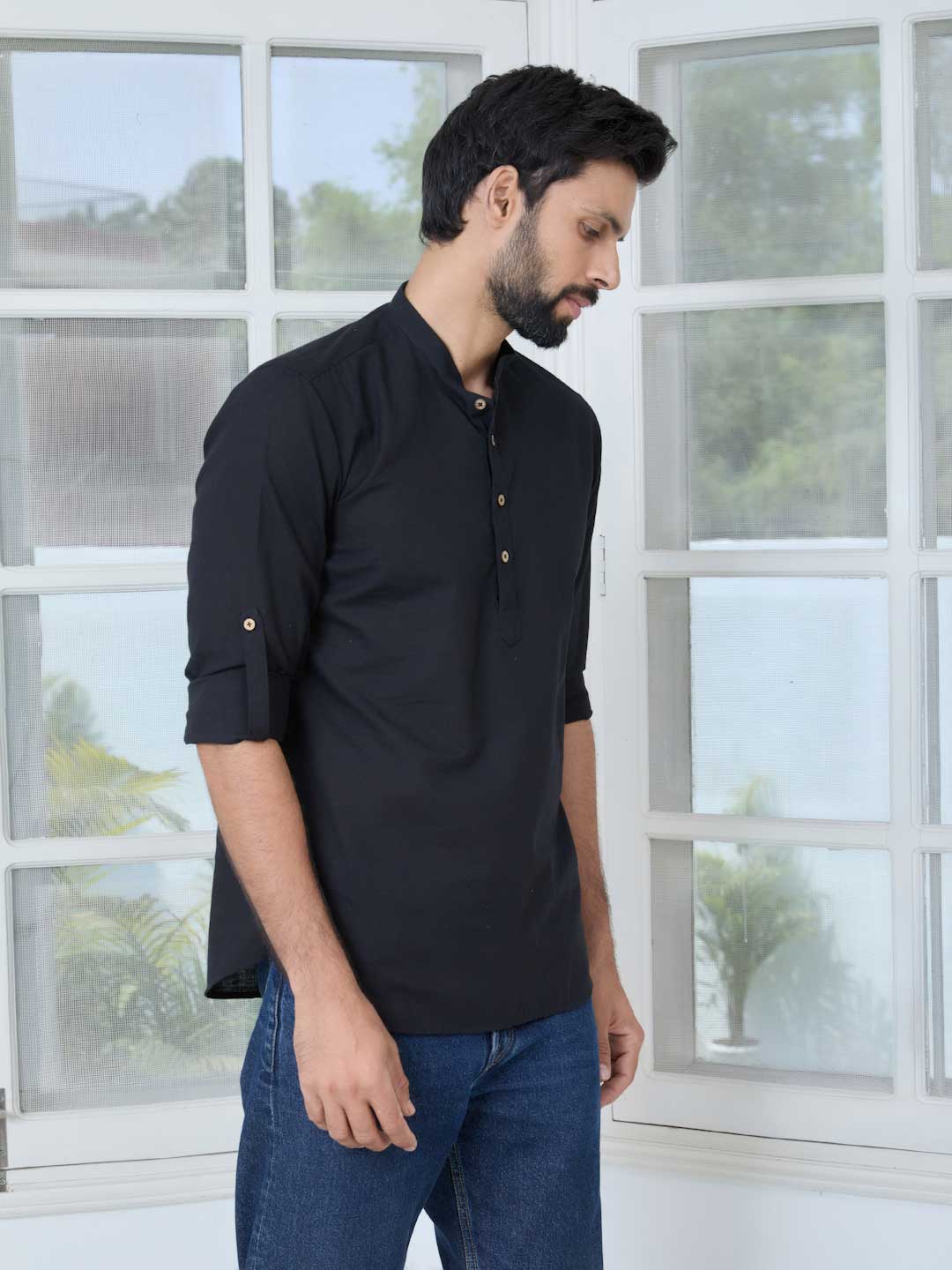 Black Pure Cotton Slub Short Kurta