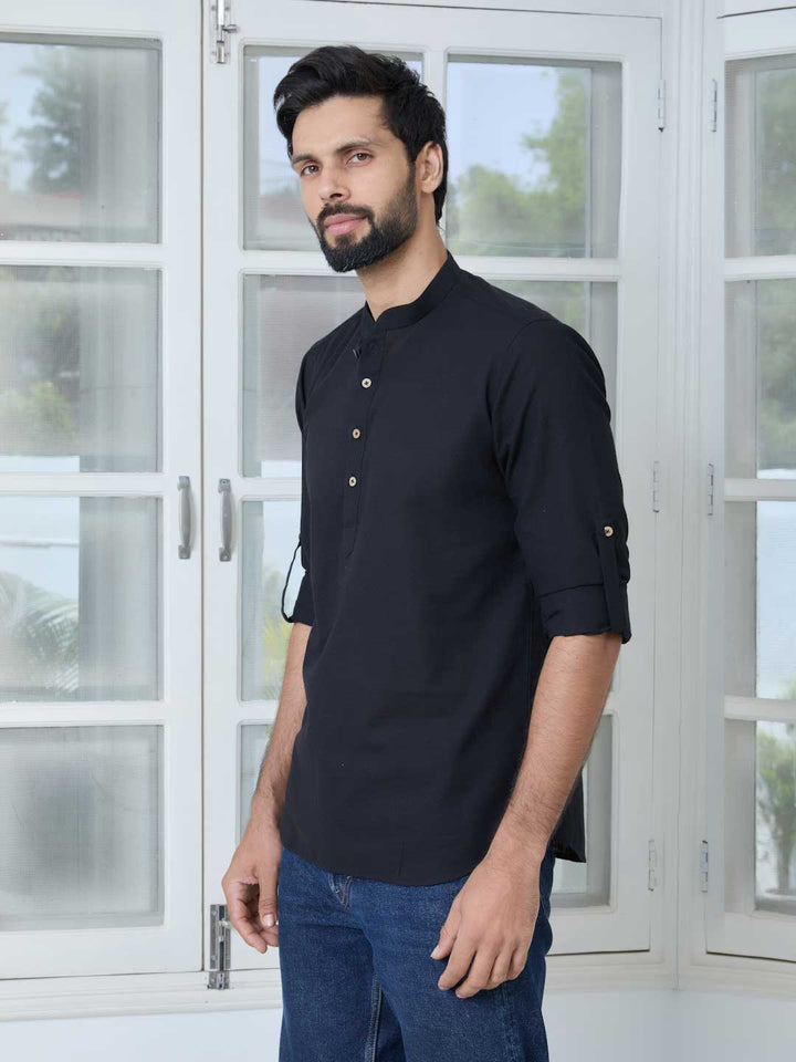 Black Pure Cotton Slub Short Kurta