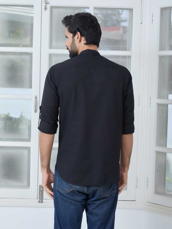 Black Pure Cotton Slub Short Kurta