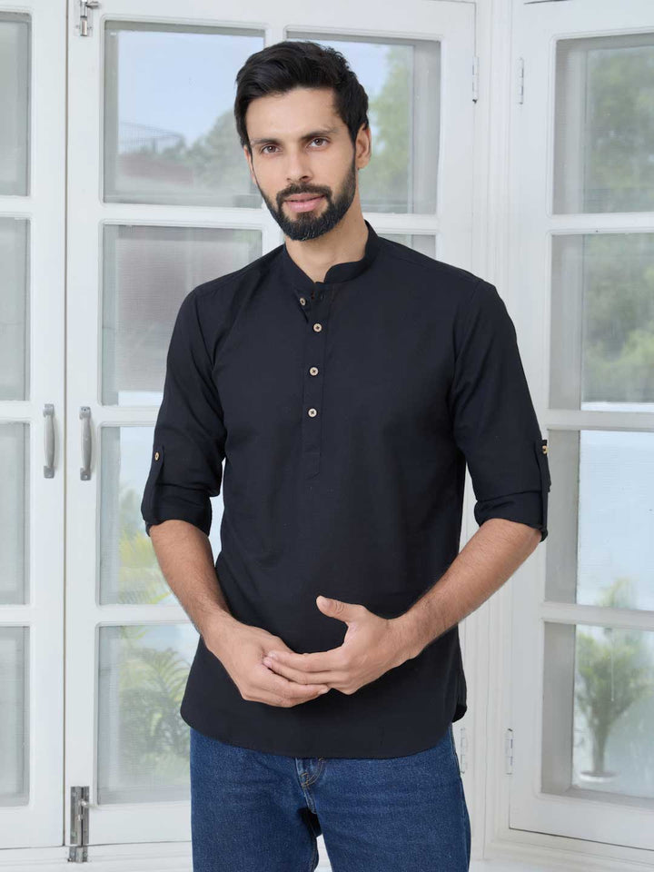 Black Pure Cotton Slub Short Kurta