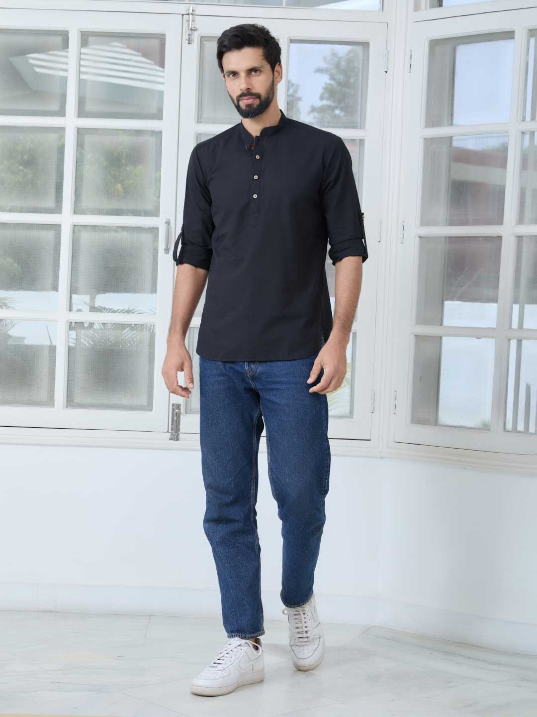 Black Pure Cotton Slub Short Kurta