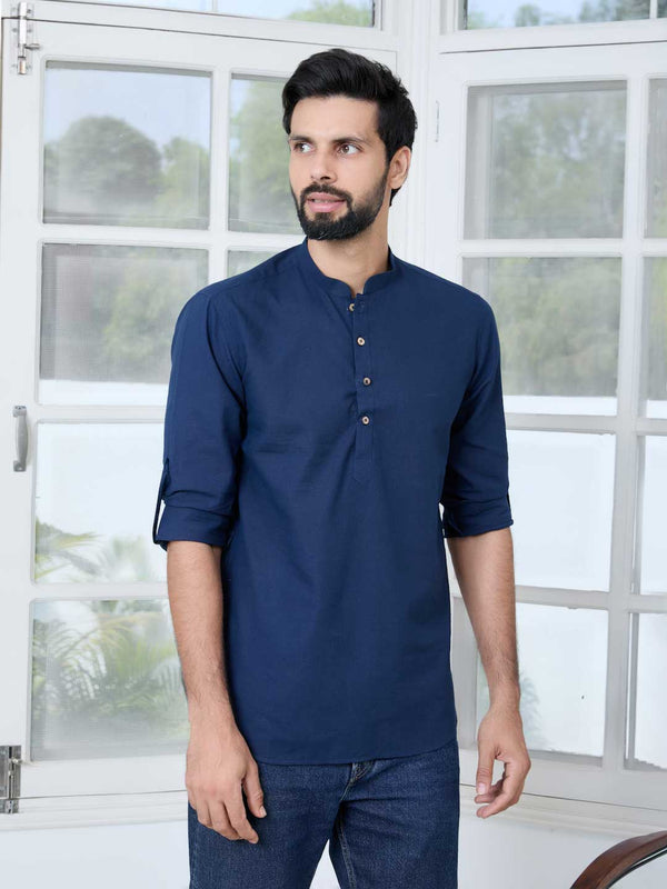 Men Navy Pure Cotton Slub Short Kurta