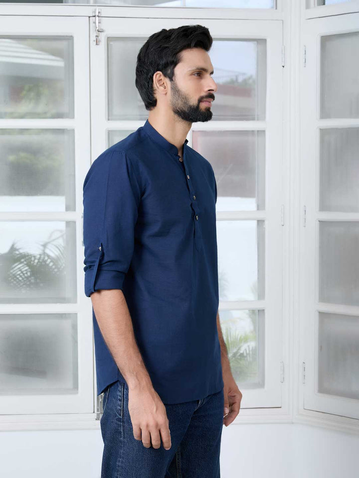 Men Navy Pure Cotton Slub Short Kurta
