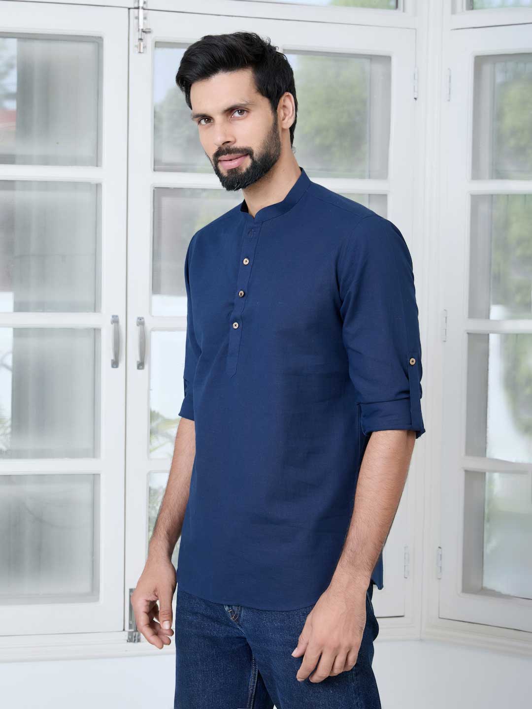 Men Navy Pure Cotton Slub Short Kurta
