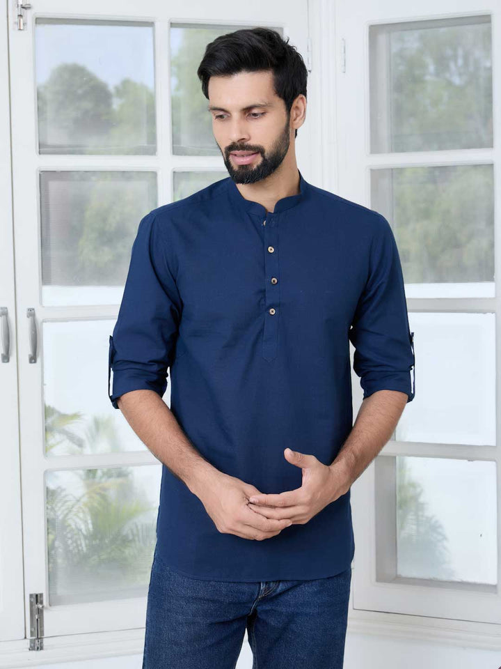 Men Navy Pure Cotton Slub Short Kurta