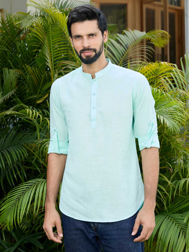 Men Sea Green Pure Cotton Slub Short Kurta