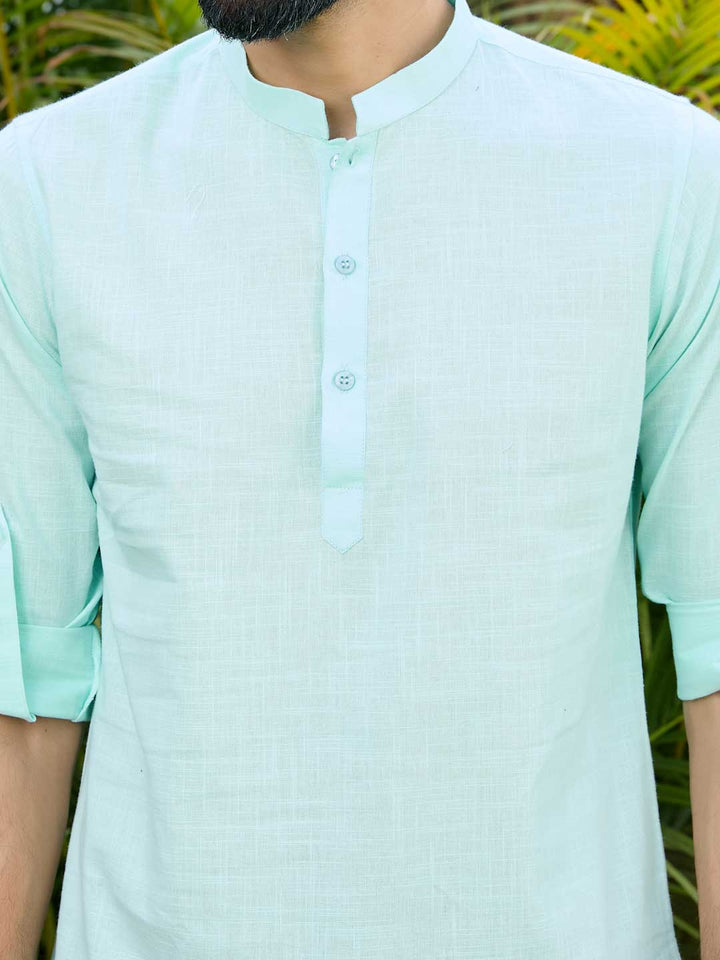 Men Sea Green Pure Cotton Slub Short Kurta