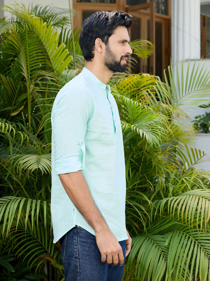 Men Sea Green Pure Cotton Slub Short Kurta