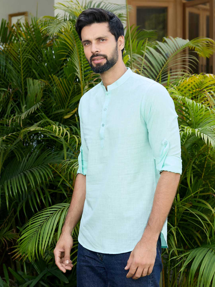Men Sea Green Pure Cotton Slub Short Kurta