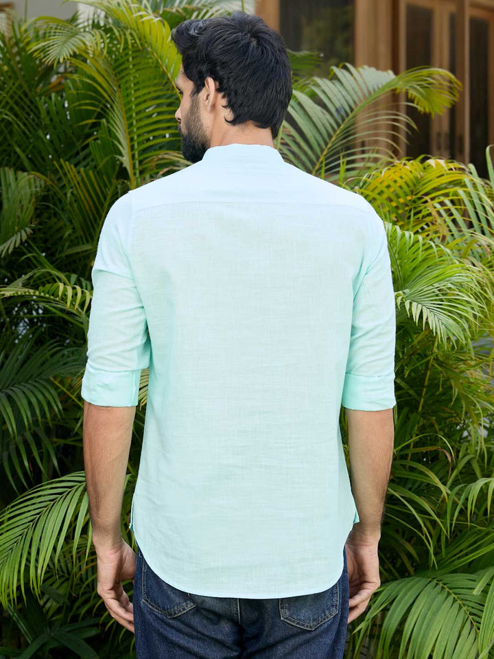 Men Sea Green Pure Cotton Slub Short Kurta