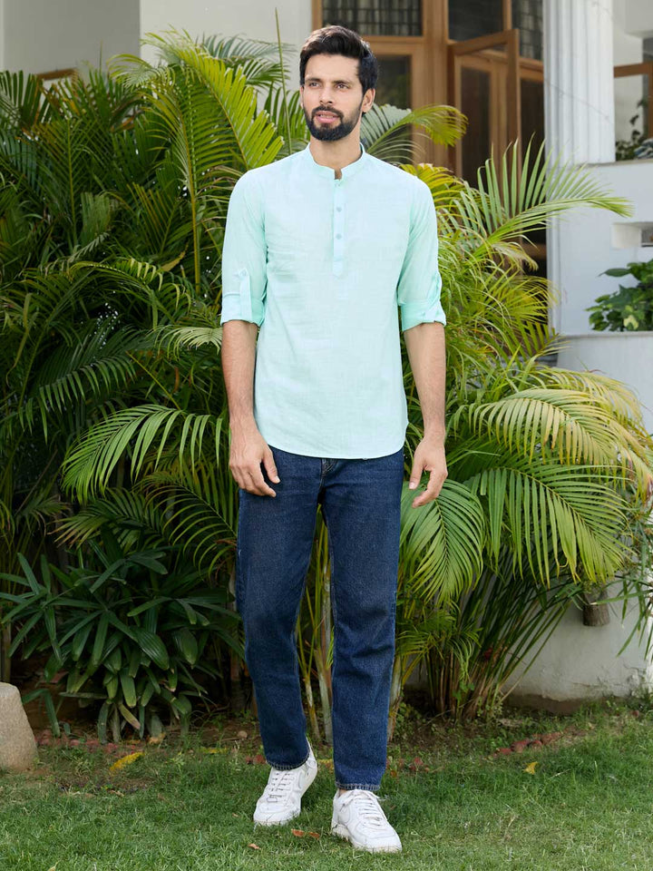 Men Sea Green Pure Cotton Slub Short Kurta