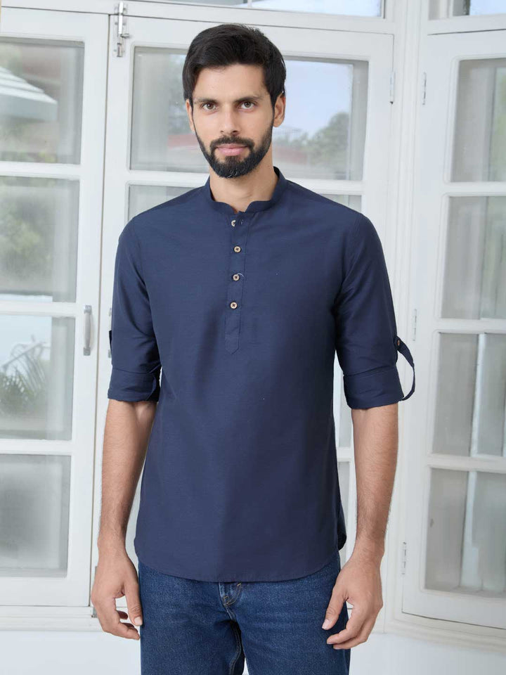 Navy Deluxe Cotton Short Kurta – Blue