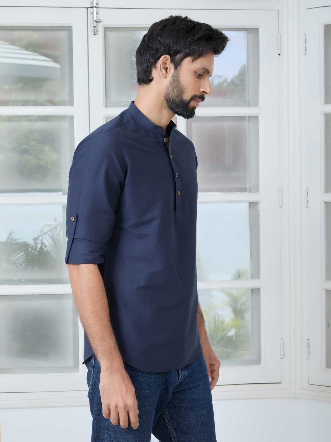 Navy Deluxe Cotton Short Kurta – Blue