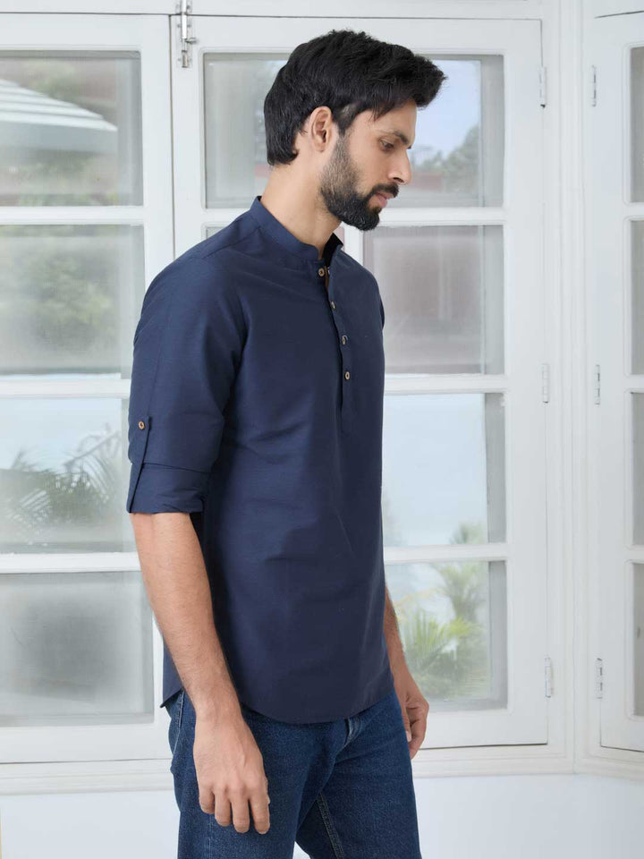 Navy Deluxe Cotton Short Kurta – Blue