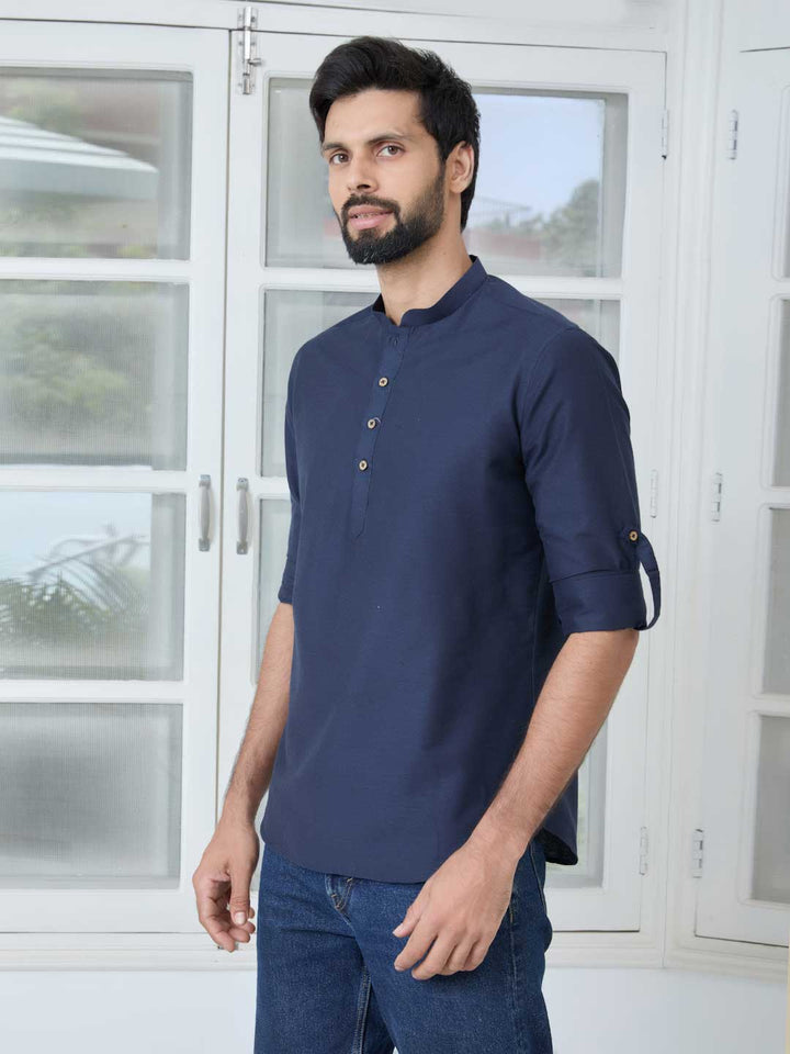 Navy Deluxe Cotton Short Kurta – Blue