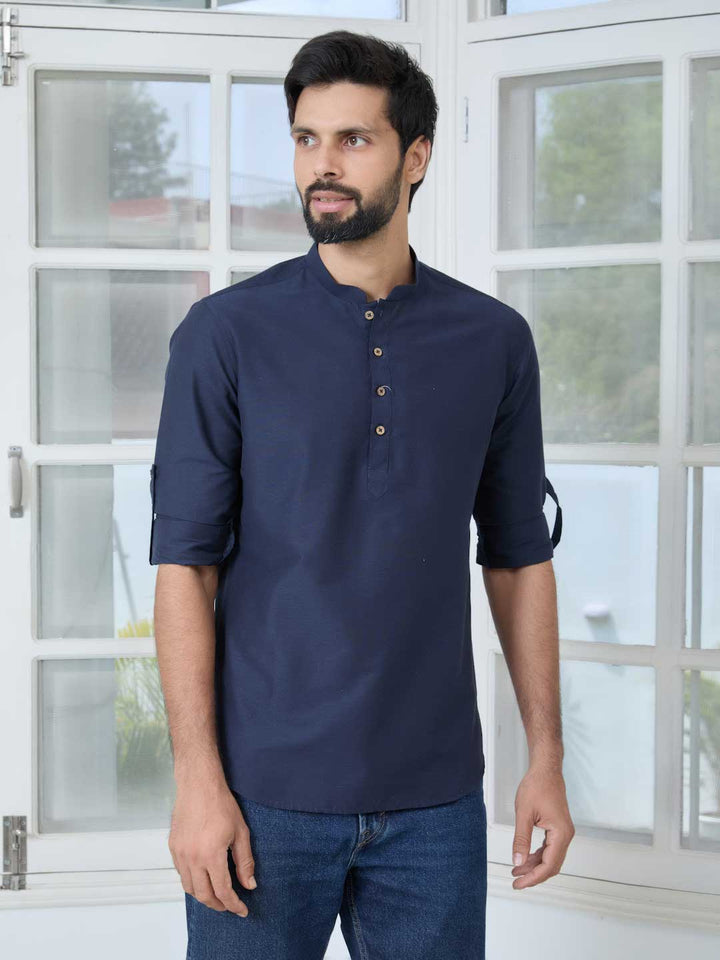 Navy Deluxe Cotton Short Kurta – Blue
