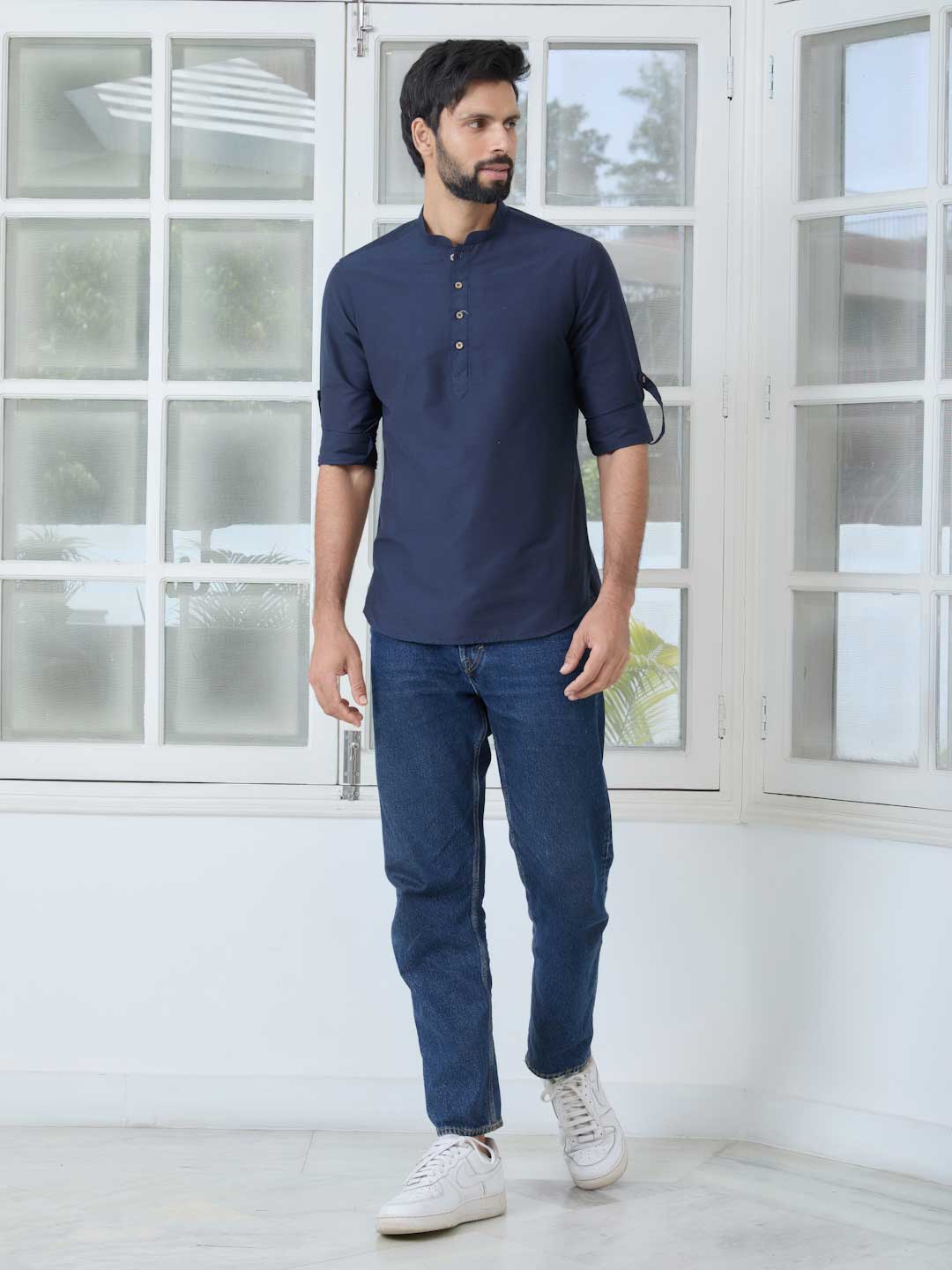 Navy Deluxe Cotton Short Kurta – Blue