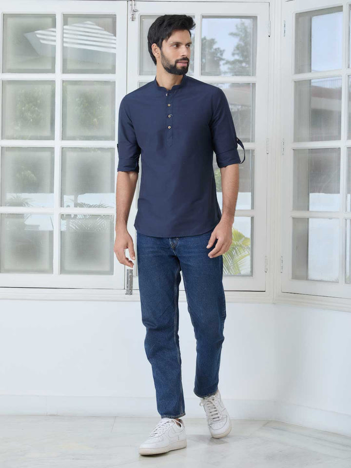 Navy Deluxe Cotton Short Kurta – Blue
