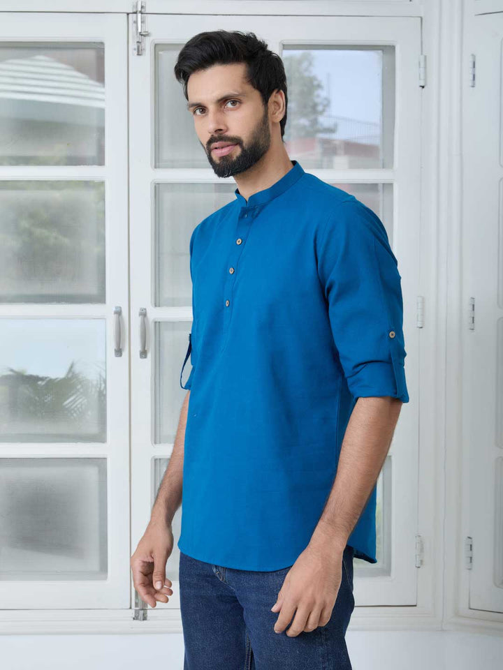 Men Blue Pure Cotton Slub Short Kurta