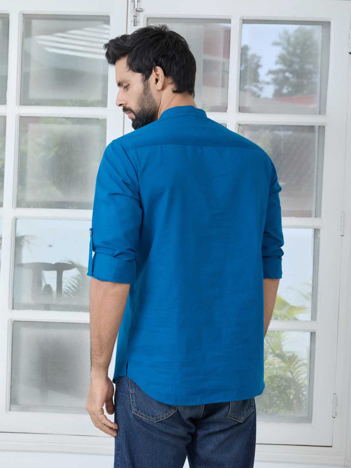 Men Blue Pure Cotton Slub Short Kurta