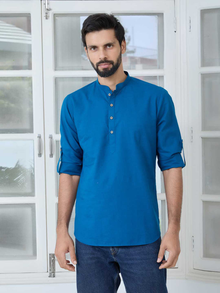Men Blue Pure Cotton Slub Short Kurta