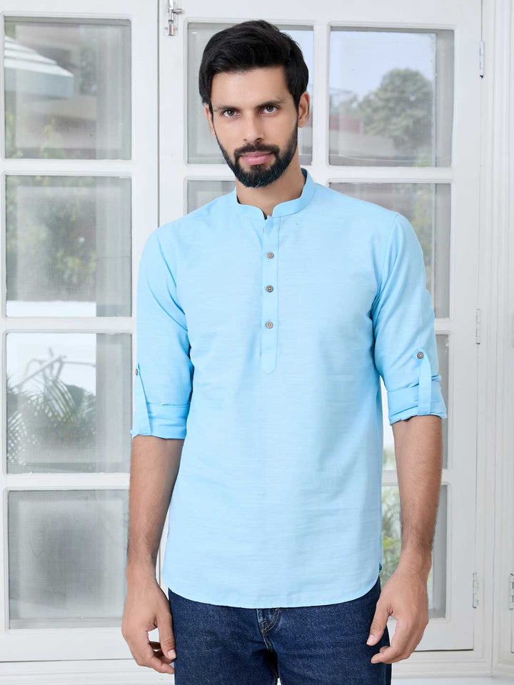 Men Light Blue Solid cotton Short Kurta