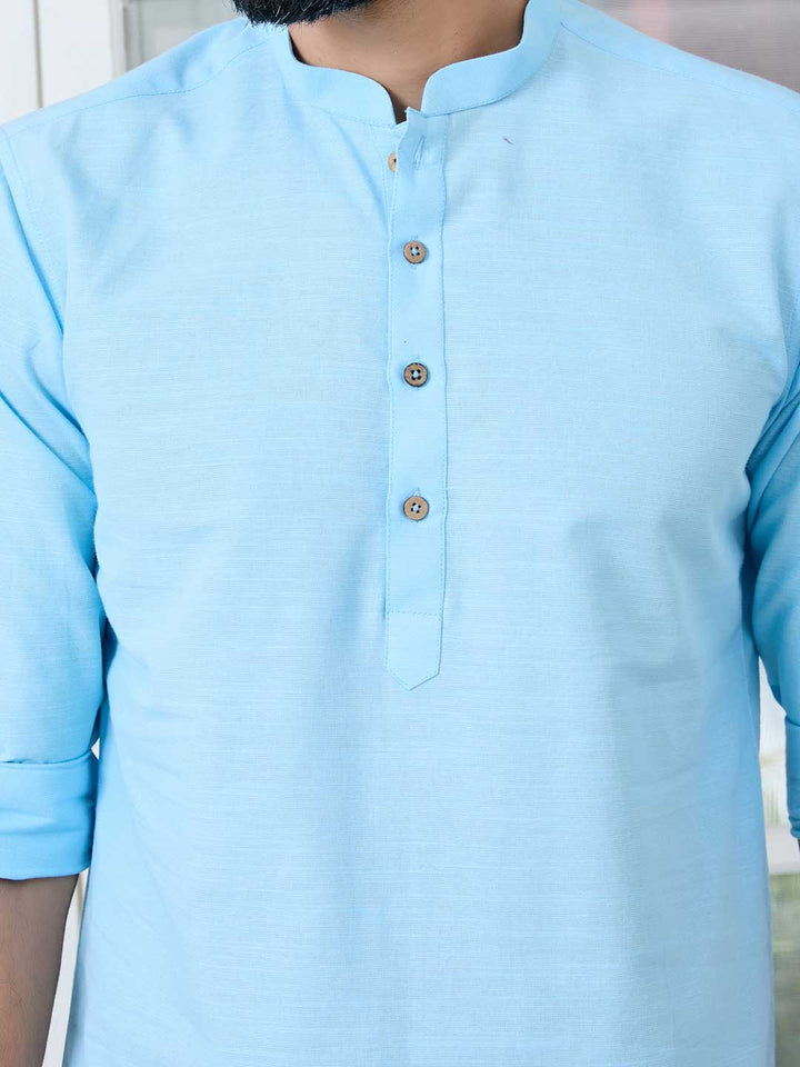 Men Light Blue Solid cotton Short Kurta