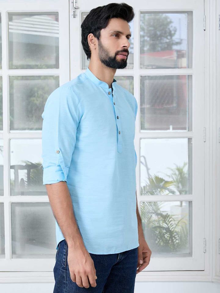 Men Light Blue Solid cotton Short Kurta