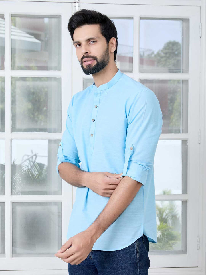 Men Light Blue Solid cotton Short Kurta