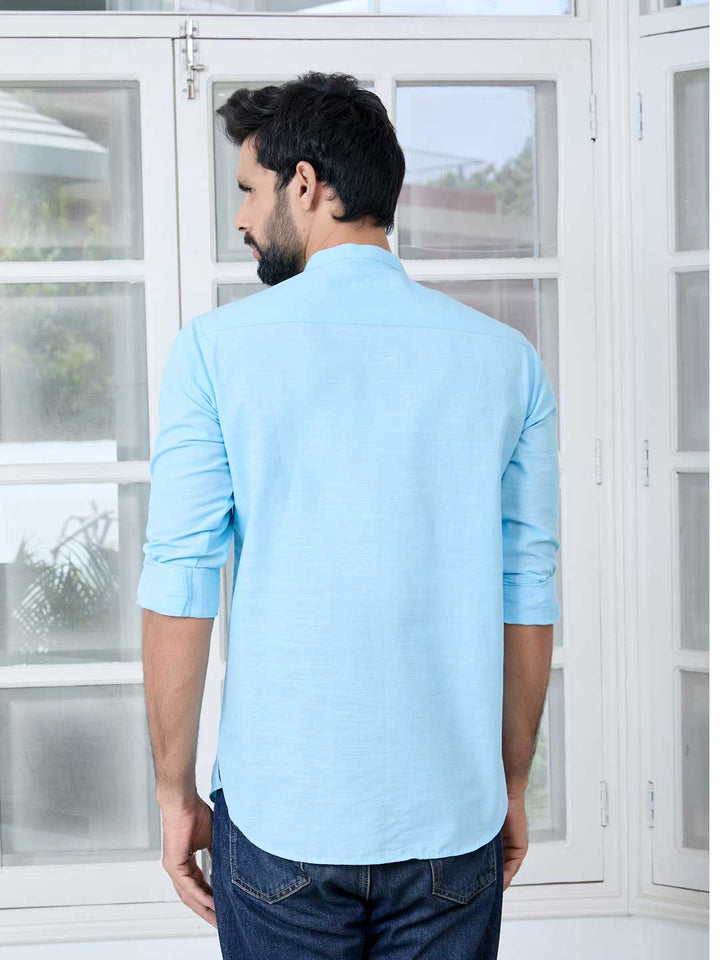 Men Light Blue Solid cotton Short Kurta