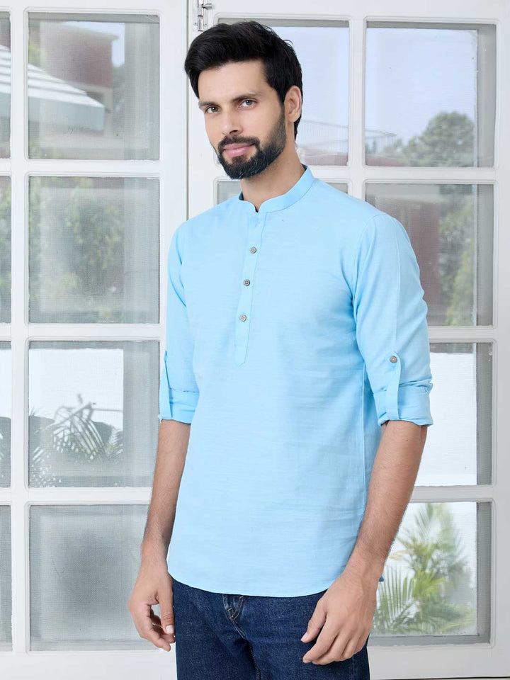 Men Light Blue Solid cotton Short Kurta