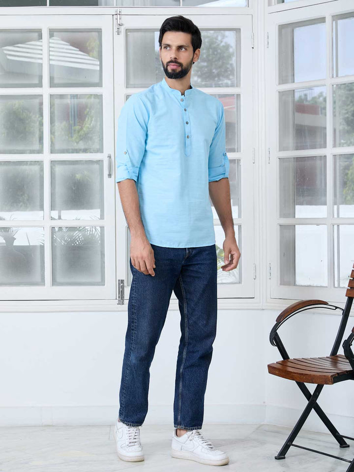 Men Light Blue Solid cotton Short Kurta