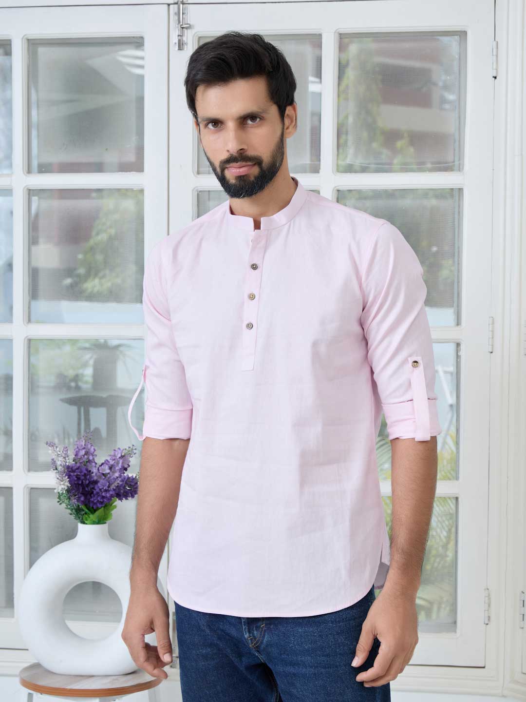 Pink Solid Cotton Short Kurta