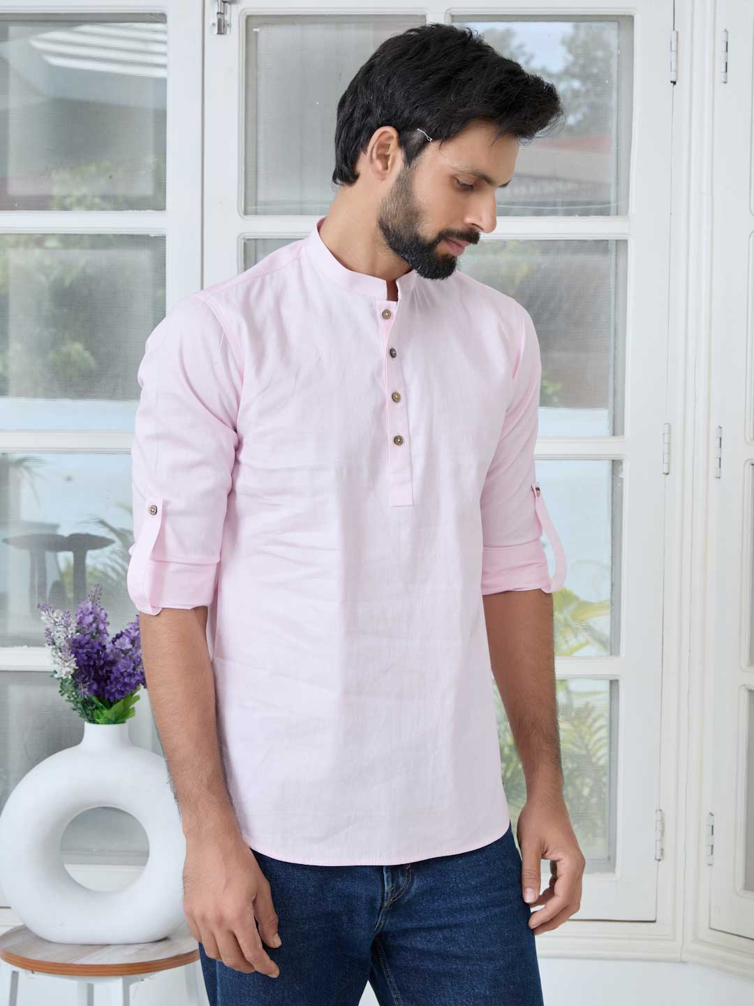 Pink Solid Cotton Short Kurta