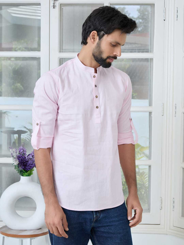 Pink Solid Cotton Short Kurta