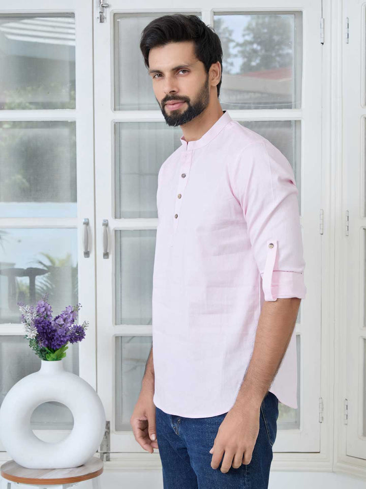 Pink Solid Cotton Short Kurta