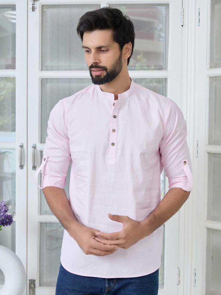 Pink Solid Cotton Short Kurta