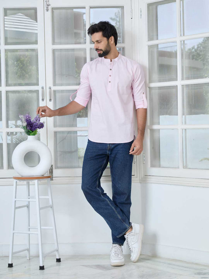 Pink Solid Cotton Short Kurta