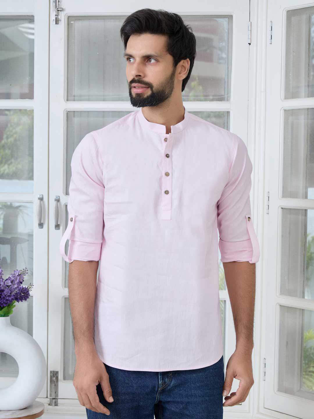 Pink Solid Cotton Short Kurta