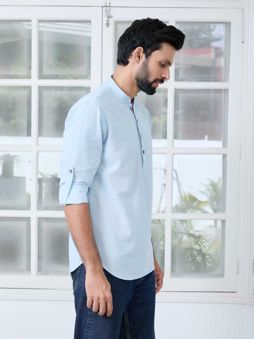 Light Blue Solid Cotton Short Kurta