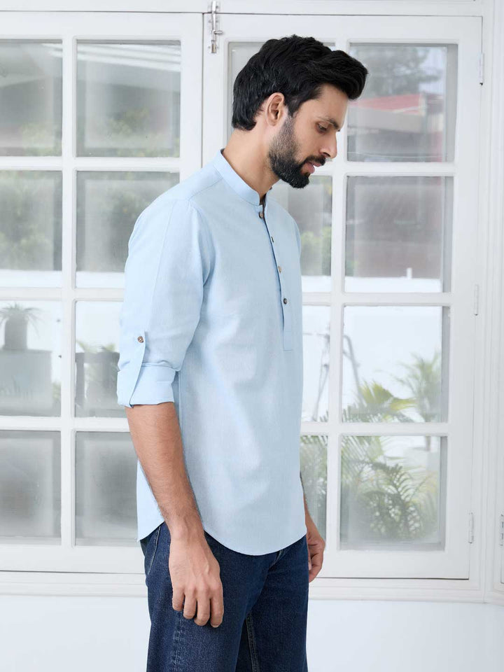 Light Blue Solid Cotton Short Kurta